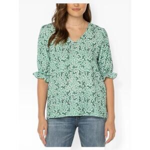Well Worn Floral V Neck Blouse Women Medium Green NWT